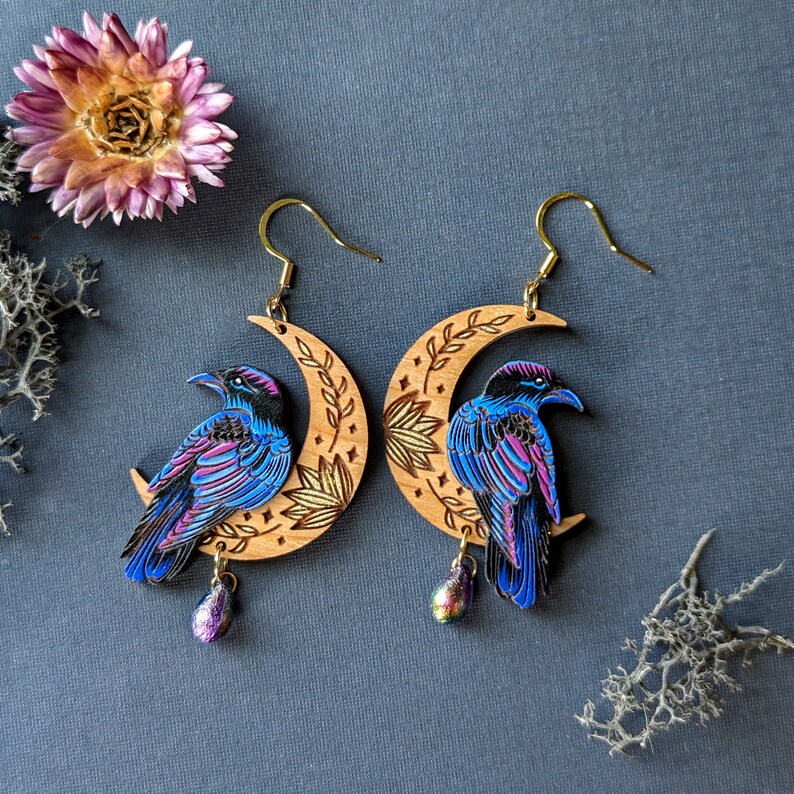 Mystical Raven/Crow Moon Hand-Painted Layered Wood Earrings Gold Ear Wires