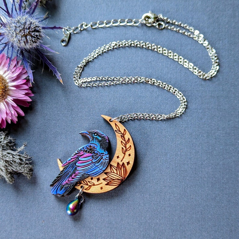 Mystical Raven Moon Hand-Painted Layered Wood Necklace image 1