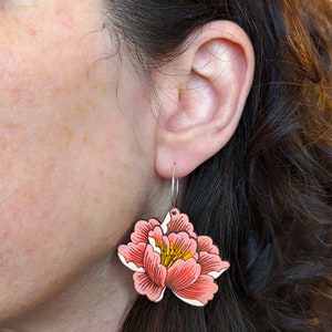 Peony Flower 'Coral Sunset' Hand Painted Cottagecore Layered Wood Earrings image 2