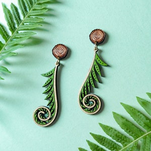 Golden Fiddlehead Fern Hand-Painted Cottagecore Wood Earrings image 5