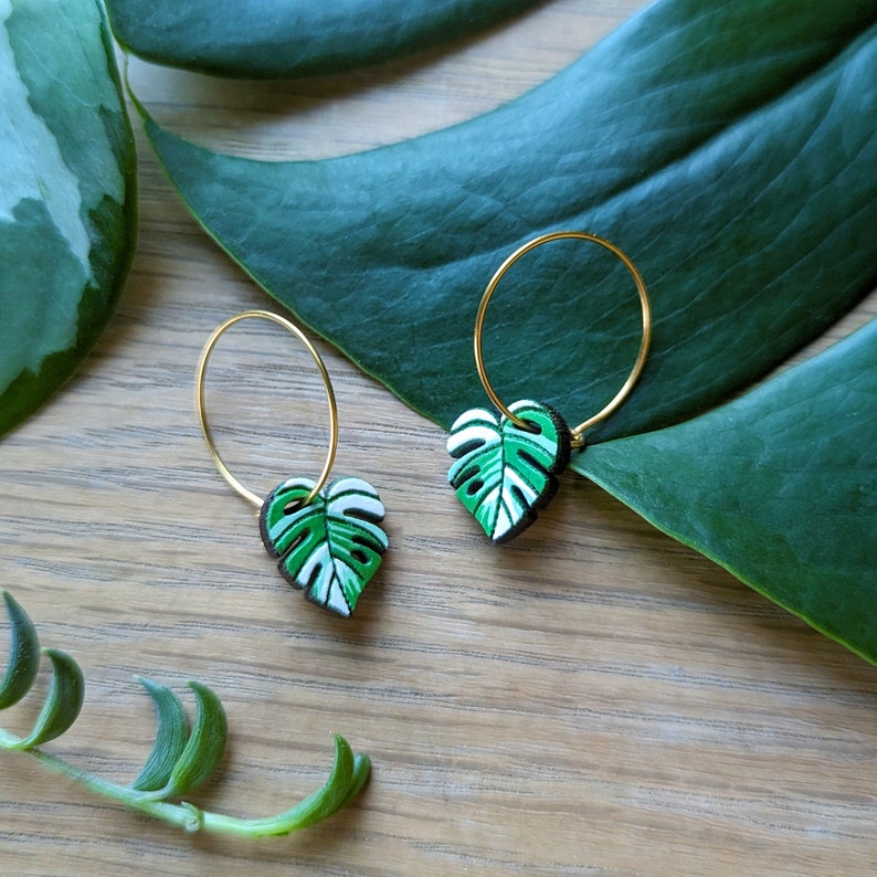 Mini Monstera Albo White Tiger Leaf Hand-Painted Wood Hoop Earrings image 4