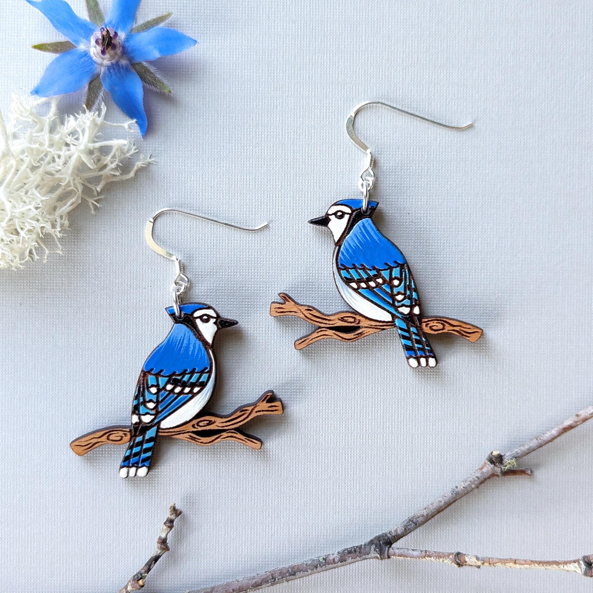 FreshCuttery Blue Jay On A Branch Hand Painted Wood Earrings