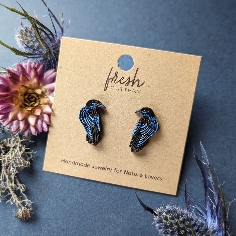 Raven/Crow Hand-Painted Wood Stud Earrings image 6