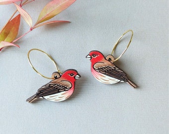 Mini House Finch Bird Hand Painted Cottagecore Wood Earrings