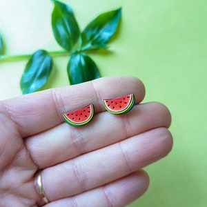 Watermelon Half Slice Hand-Painted Cottagecore Wood Stud Earrings image 5