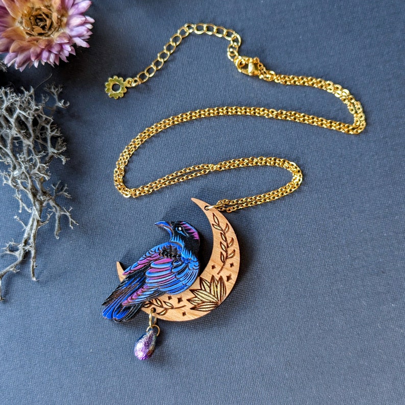 Mystical Raven Moon Hand-Painted Layered Wood Necklace image 6