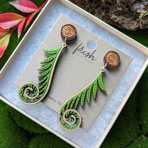 Golden Fiddlehead Fern Hand-Painted Cottagecore Wood Earrings image 9