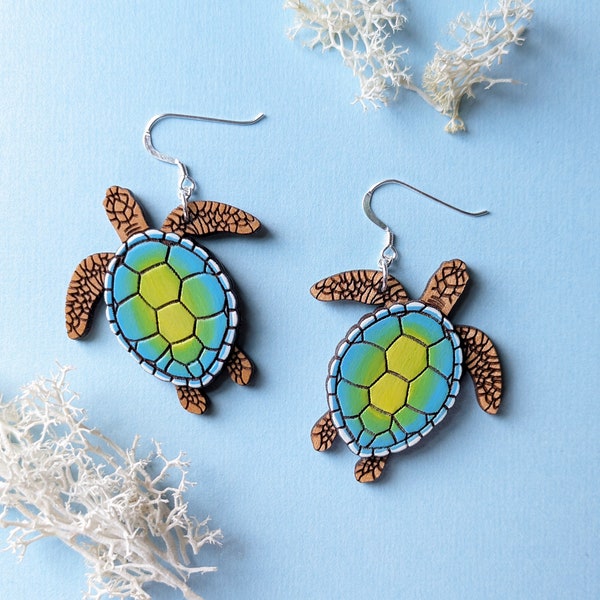 Sea Turtle Hand-Painted Layered Wood Earrings