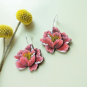 Peony Flower 'Coral Sunset' Hand Painted Cottagecore Layered Wood Earrings image 7