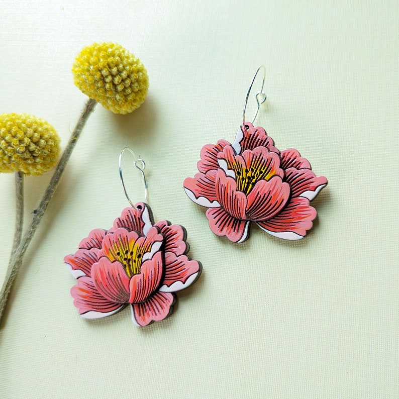 Peony Flower 'Coral Sunset' Hand Painted Cottagecore Layered Wood Earrings image 7