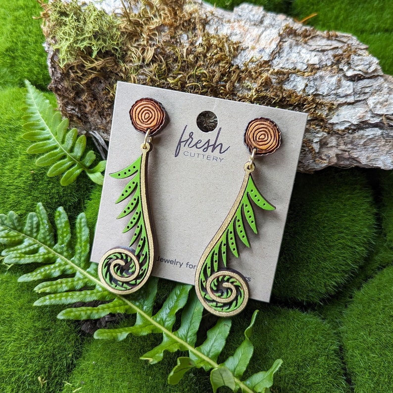 Golden Fiddlehead Fern Hand-Painted Cottagecore Wood Earrings image 3