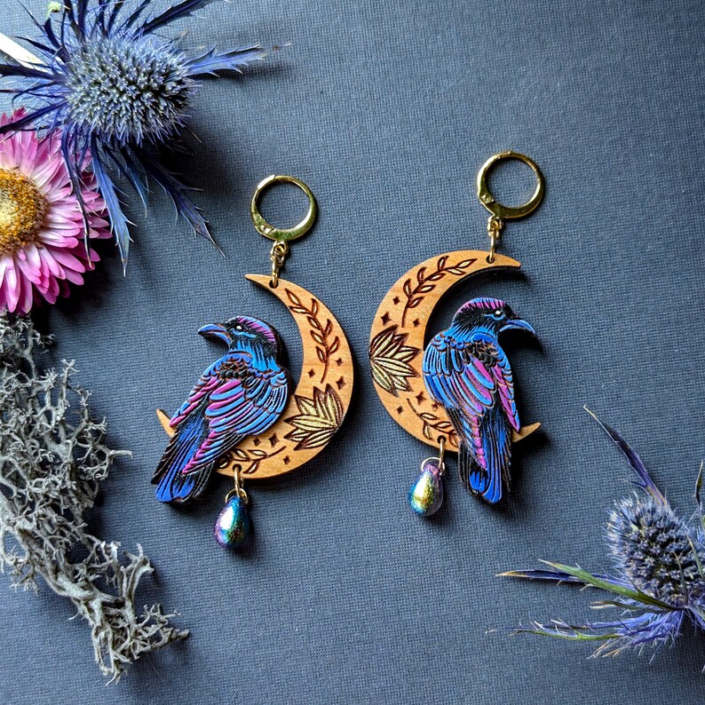 Mystical Raven/Crow Moon Hand-Painted Layered Wood Earrings Gold Leverbacks