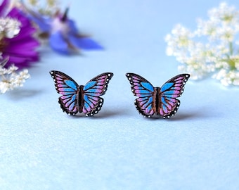 Hand-Painted Blue Morpho Butterfly Wood Stud Earrings