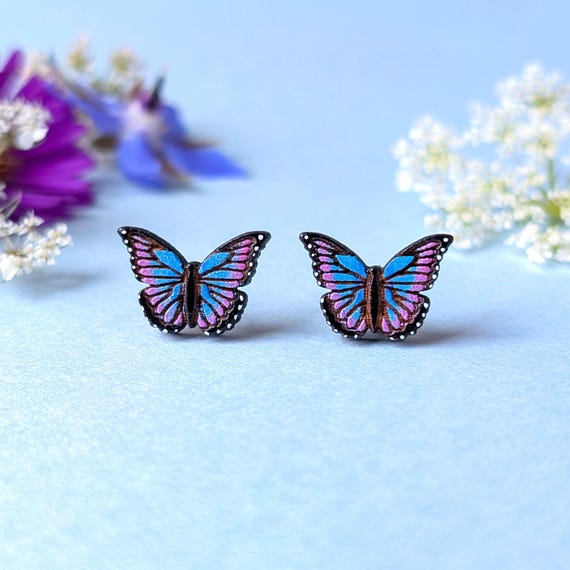 Hand-Painted Blue Morpho Butterfly Wood Stud Earrings