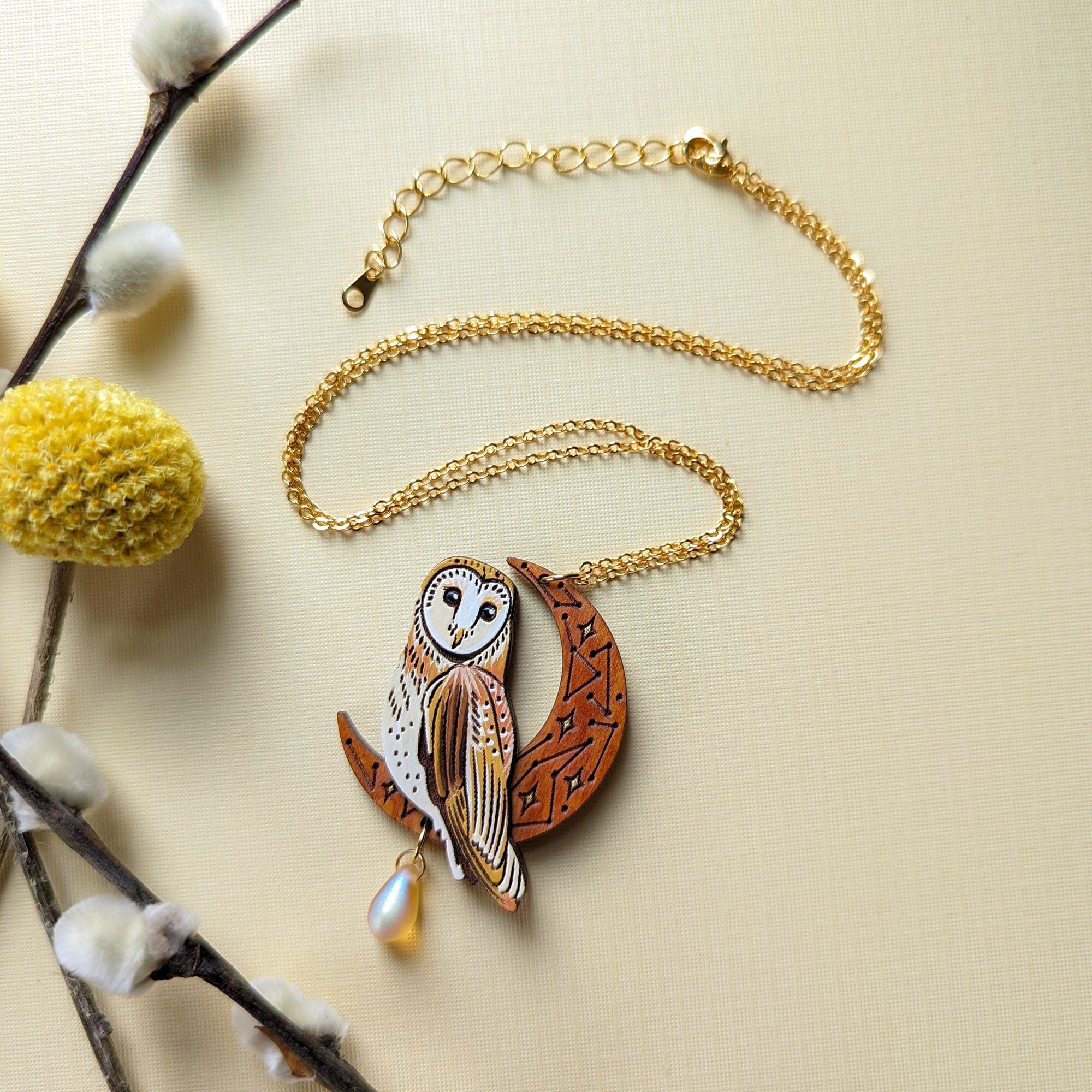 Celestial Owl & Moon Hand-Painted Layered Wood Necklace