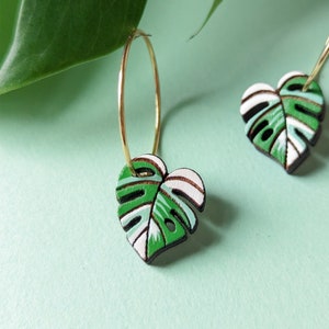 Mini Monstera Albo White Tiger Leaf Hand-Painted Wood Hoop Earrings image 3