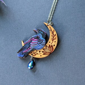 Mystical Raven Moon Hand-Painted Layered Wood Necklace 3. Midnight Blue