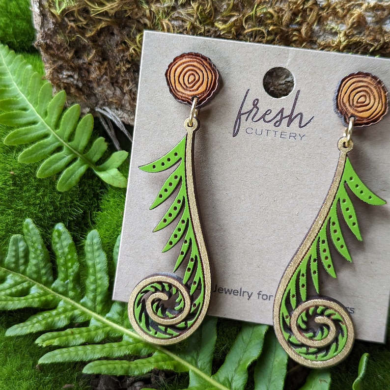 Golden Fiddlehead Fern Hand-Painted Cottagecore Wood Earrings image 4