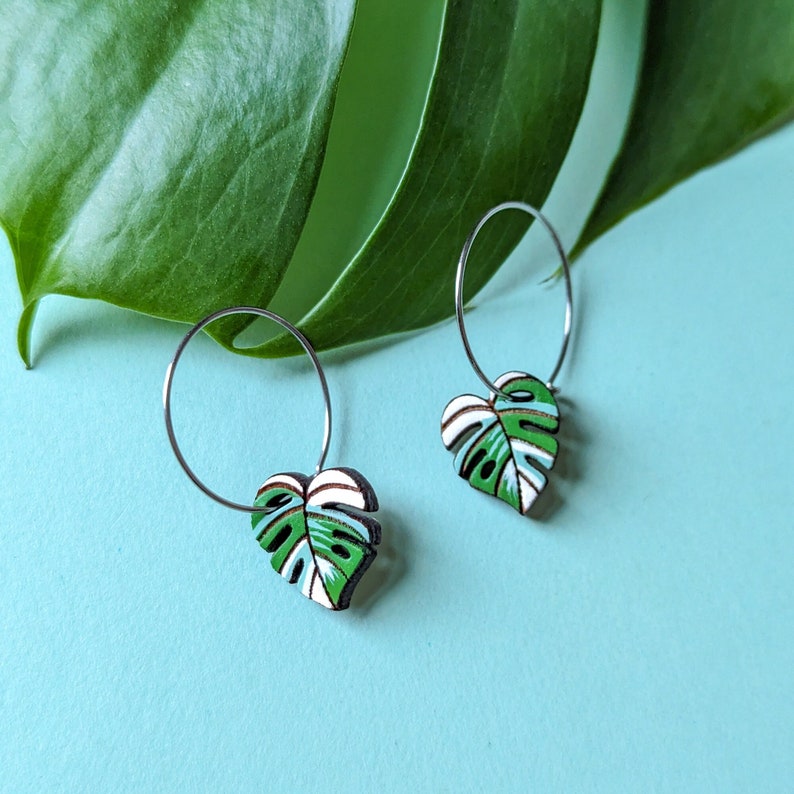 Mini Monstera Albo White Tiger Leaf Hand-Painted Wood Hoop Earrings White