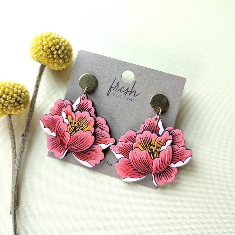 Peony Flower 'Coral Sunset' Hand Painted Cottagecore Layered Wood Earrings 10mm Gold Studs