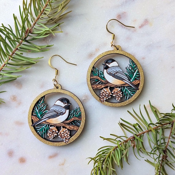 Chickadee Snowy Pine Branch Hand-Painted Layered Wood Earrings