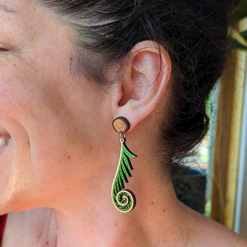 Golden Fiddlehead Fern Hand-Painted Cottagecore Wood Earrings image 2