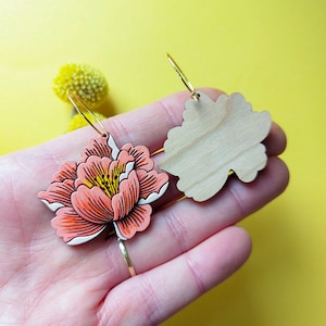 Peony Flower 'Coral Sunset' Hand Painted Cottagecore Layered Wood Earrings image 9