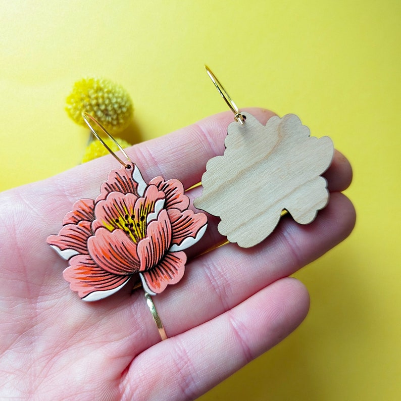 Peony Flower 'Coral Sunset' Hand Painted Cottagecore Layered Wood Earrings image 9