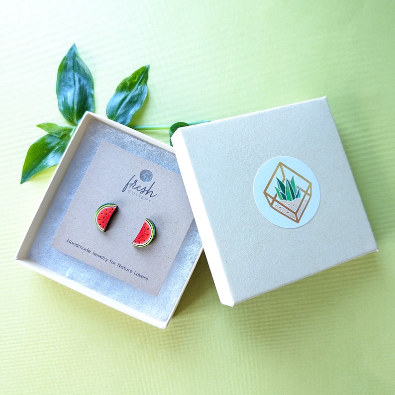 Watermelon Half Slice Hand-Painted Cottagecore Wood Stud Earrings image 8