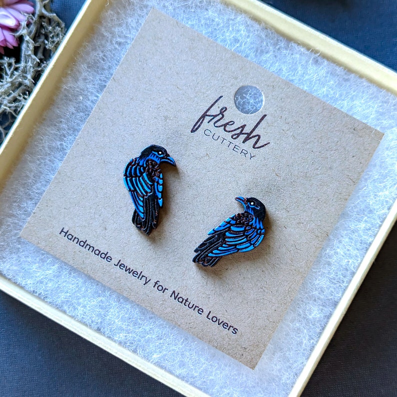 Raven/Crow Hand-Painted Wood Stud Earrings image 9