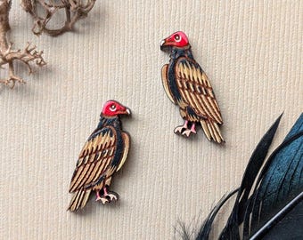 Hand-Painted Turkey Vulture Wood Stud Earrings