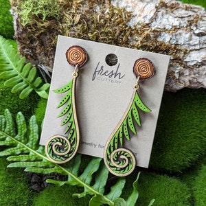 Golden Fiddlehead Fern Hand-Painted Cottagecore Wood Earrings image 6