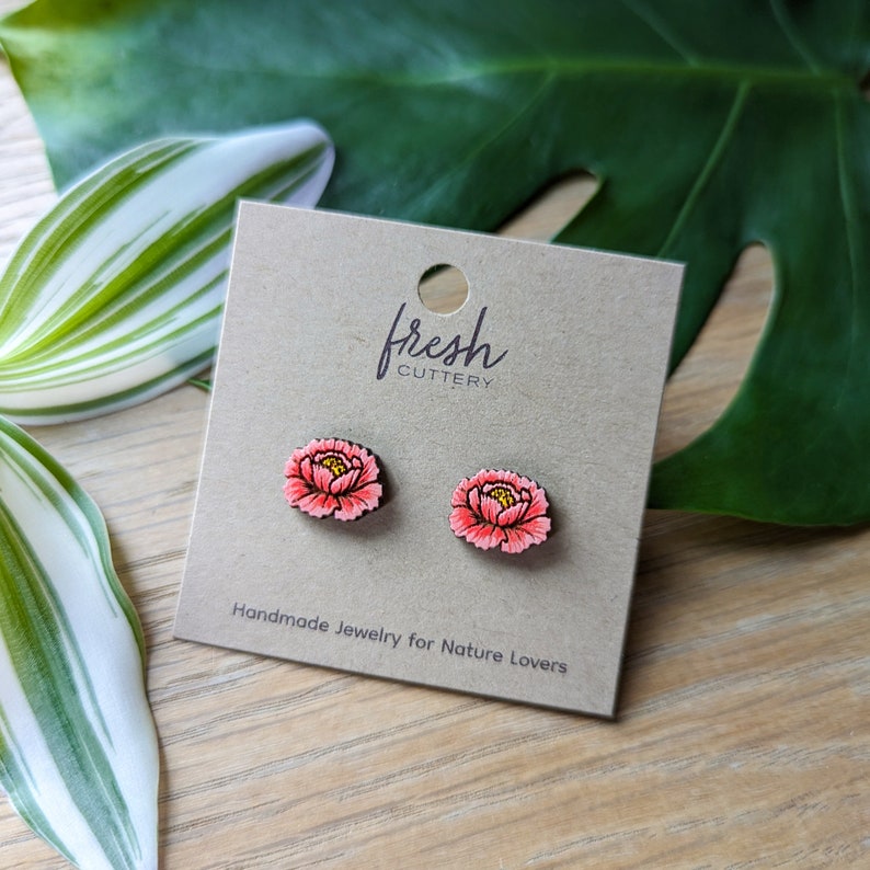 Peony Flower Hand-Painted Cottagecore Wood Stud Earrings image 5