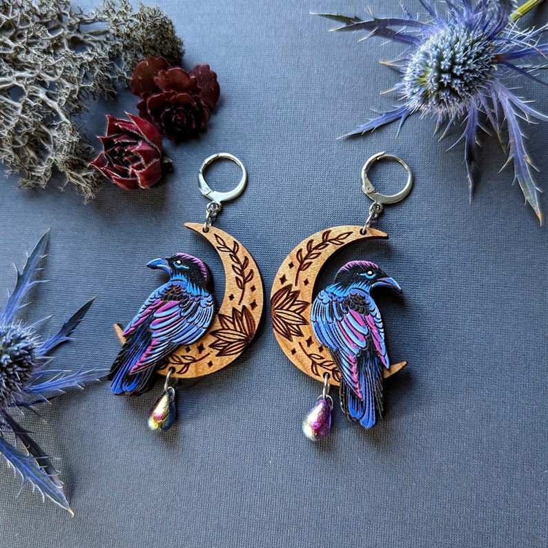 Mystical Raven/Crow Moon Hand-Painted Layered Wood Earrings Silver Leverbacks