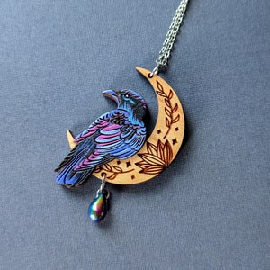 Mystical Raven Moon Hand-Painted Layered Wood Necklace 2. Witches Brew Blue