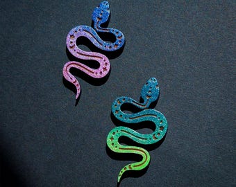 Hand-Painted Celestial Snake Wood Stud Earrings