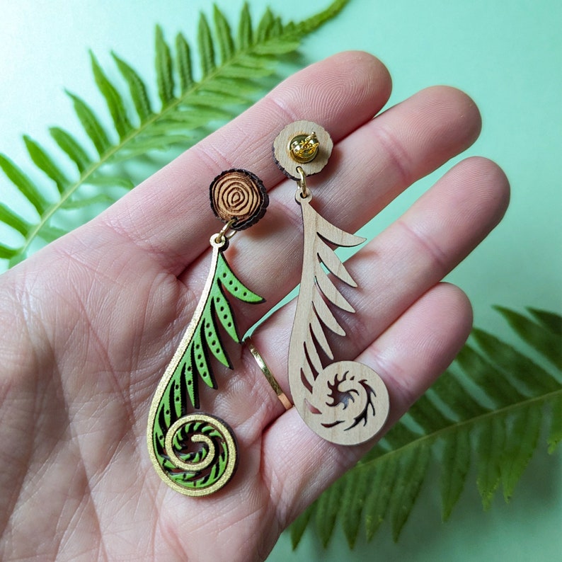 Golden Fiddlehead Fern Hand-Painted Cottagecore Wood Earrings image 8