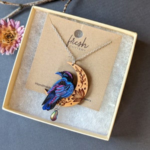 Mystical Raven Moon Hand-Painted Layered Wood Necklace image 9