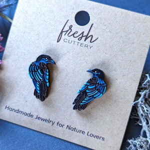 Raven/Crow Hand-Painted Wood Stud Earrings image 7