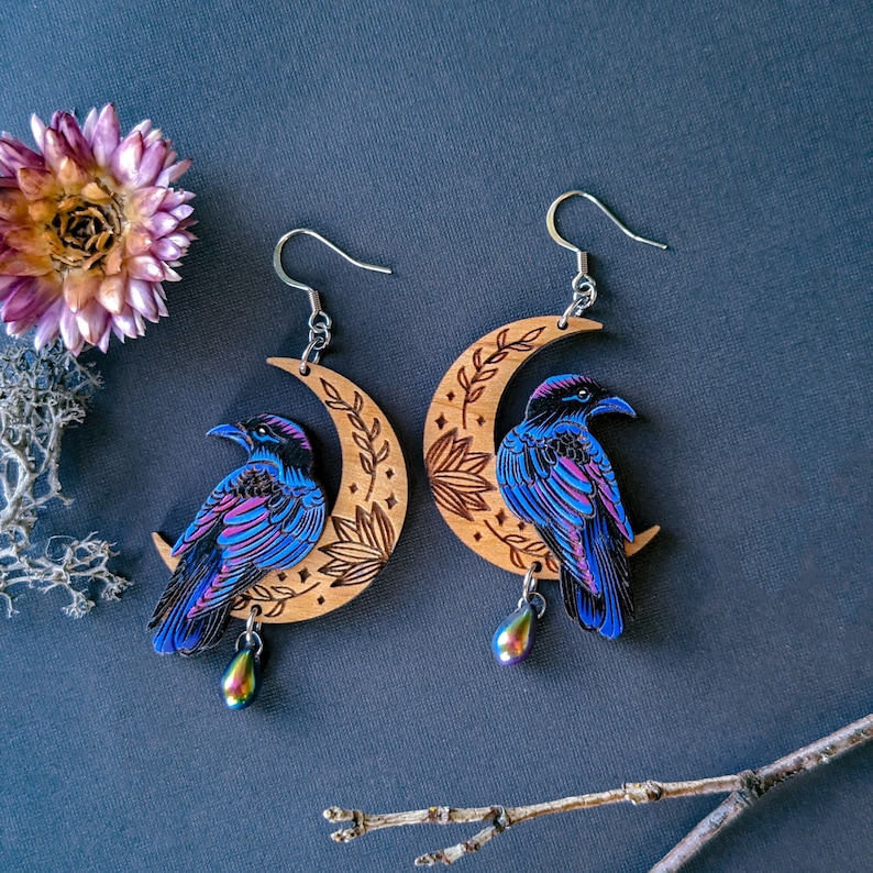 Mystical Raven/Crow Moon Hand-Painted Layered Wood Earrings image 5