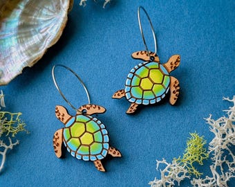 Sea Turtle Hand-Painted Wood Earrings