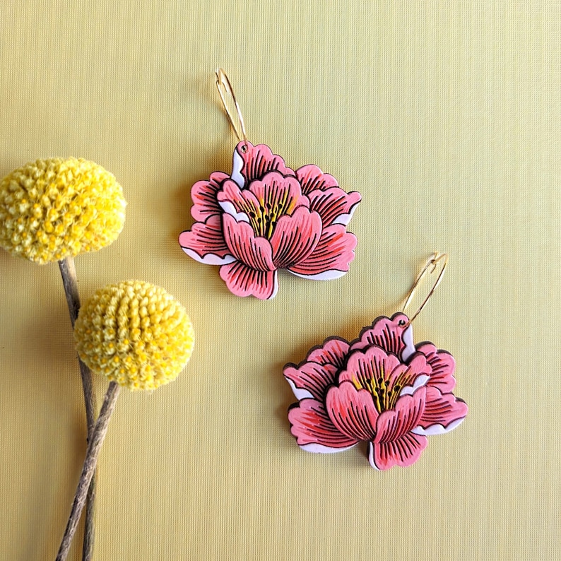 Peony Flower 'Coral Sunset' Hand Painted Cottagecore Layered Wood Earrings image 1