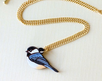 Mini Chickadee Bird Hand Painted Cottagecore Wood Necklace