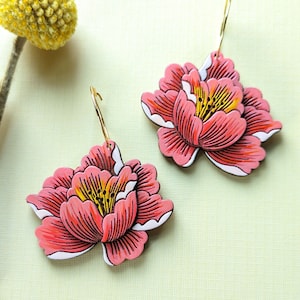 Peony Flower 'Coral Sunset' Hand Painted Cottagecore Layered Wood Earrings image 3