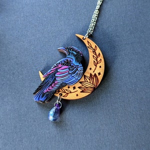 Mystical Raven Moon Hand-Painted Layered Wood Necklace 1. Magic Blueberry