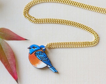 Mini Bluebird Hand Painted Cottagecore Wood Necklace