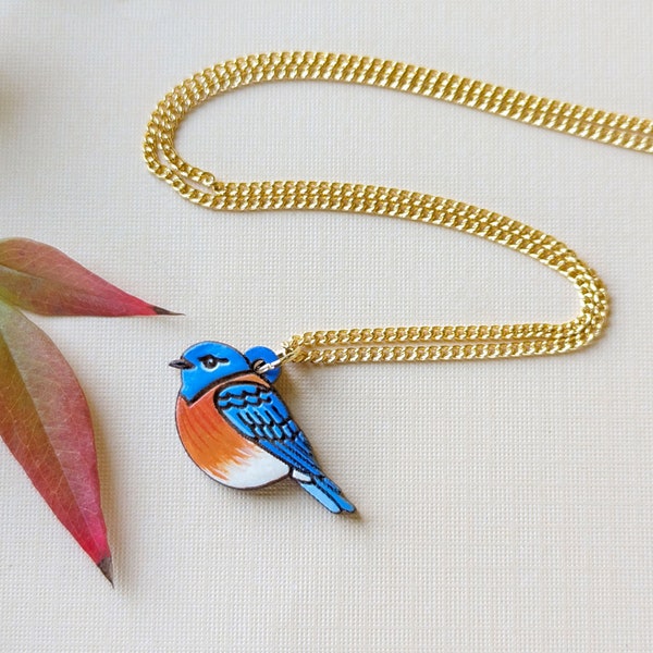 Mini Bluebird Hand Painted Cottagecore Wood Necklace