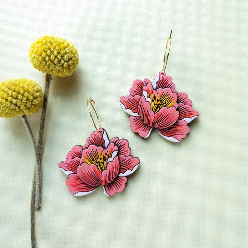 Peony Flower 'Coral Sunset' Hand Painted Cottagecore Layered Wood Earrings Gold Hoops