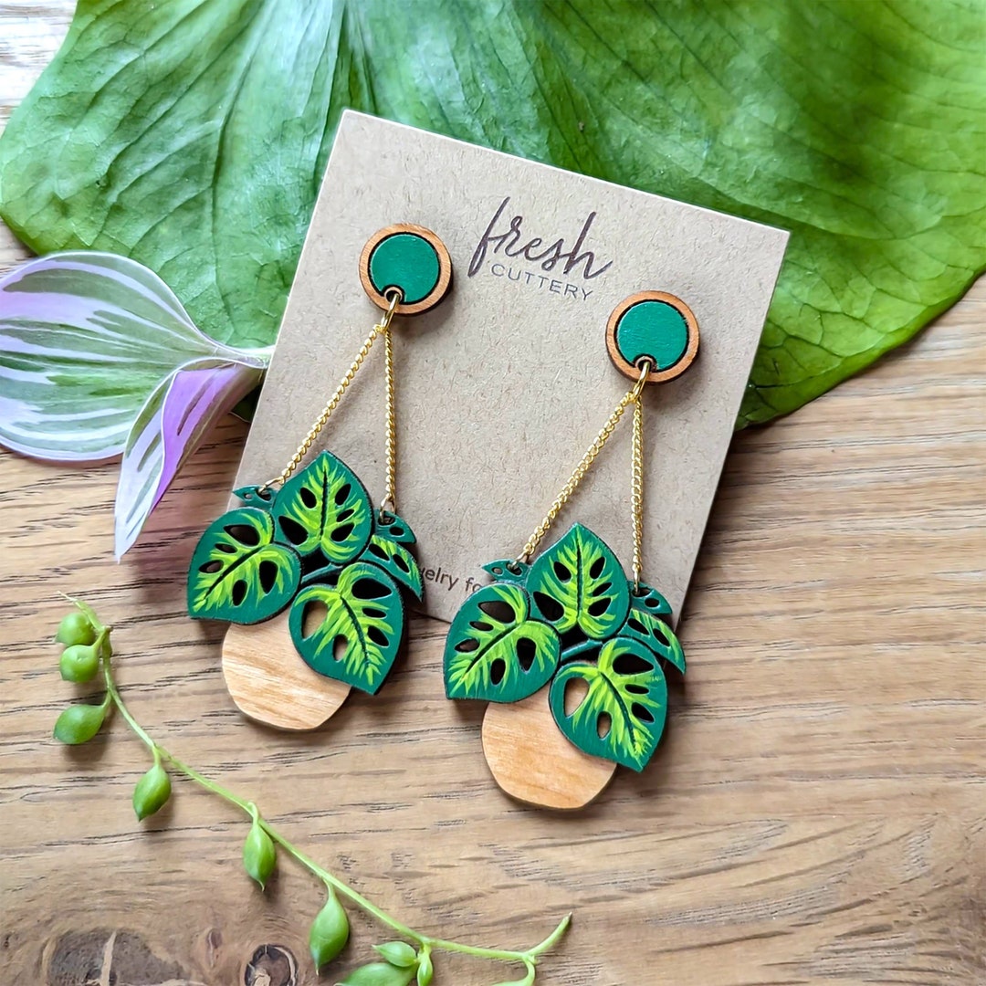 Layered Monstera Hanging Planter Hand-painted Wood Earrings - Etsy
