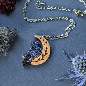 Small Raven/Crow Moon Hand-Painted Wood Necklace